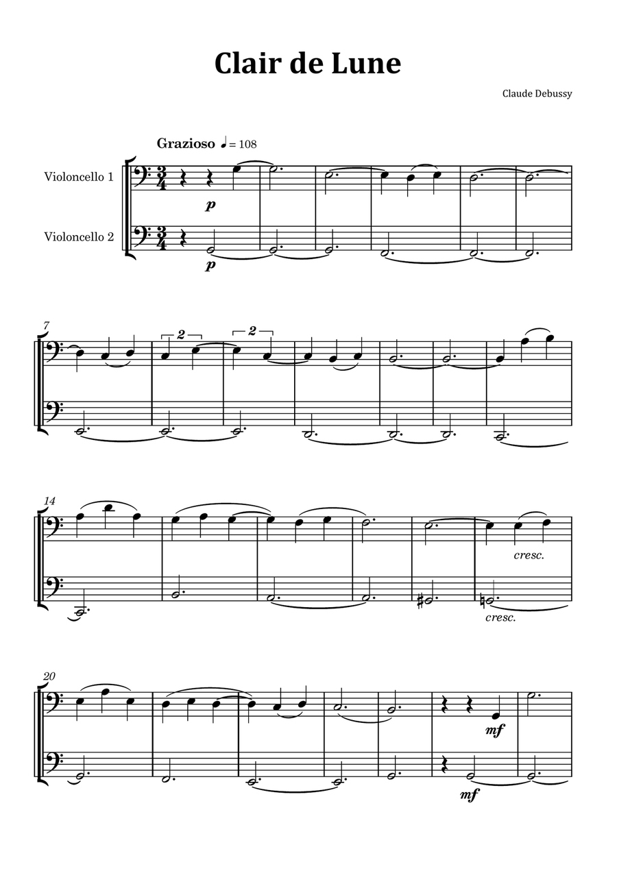 Clair de Lune by Debussy - Cello Duet by Claude Debussy String Duet - Digital Sheet Music