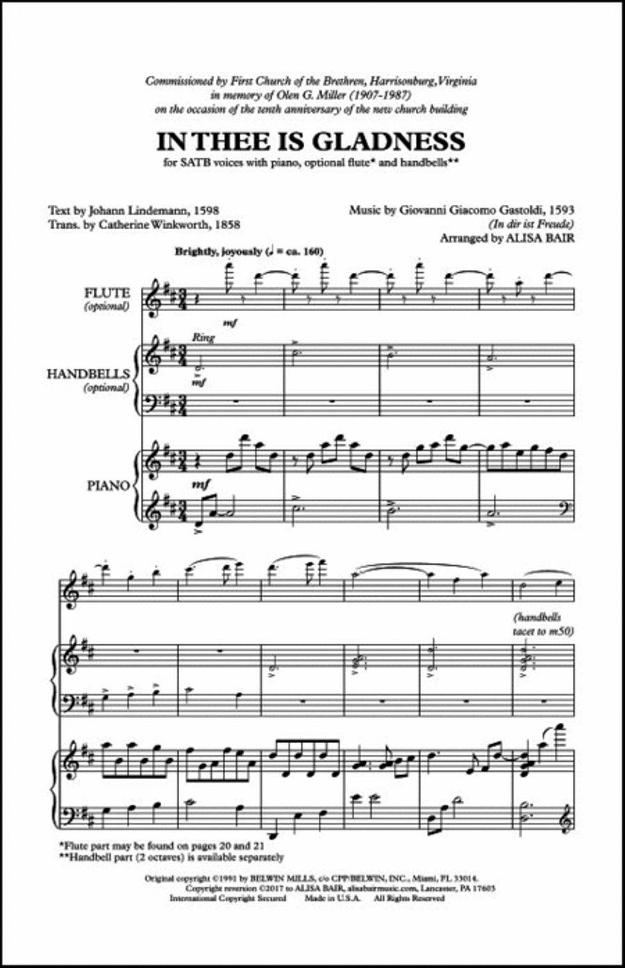 In Thee Is Gladness (Handbell part) 4-Part scores gallery preview page 4
