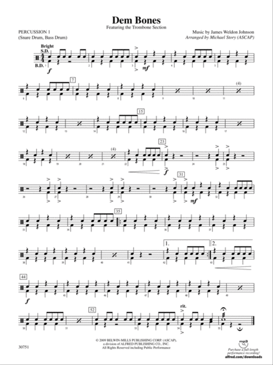 Dem Bones: 1st Percussion Concert Band scores gallery preview page 1