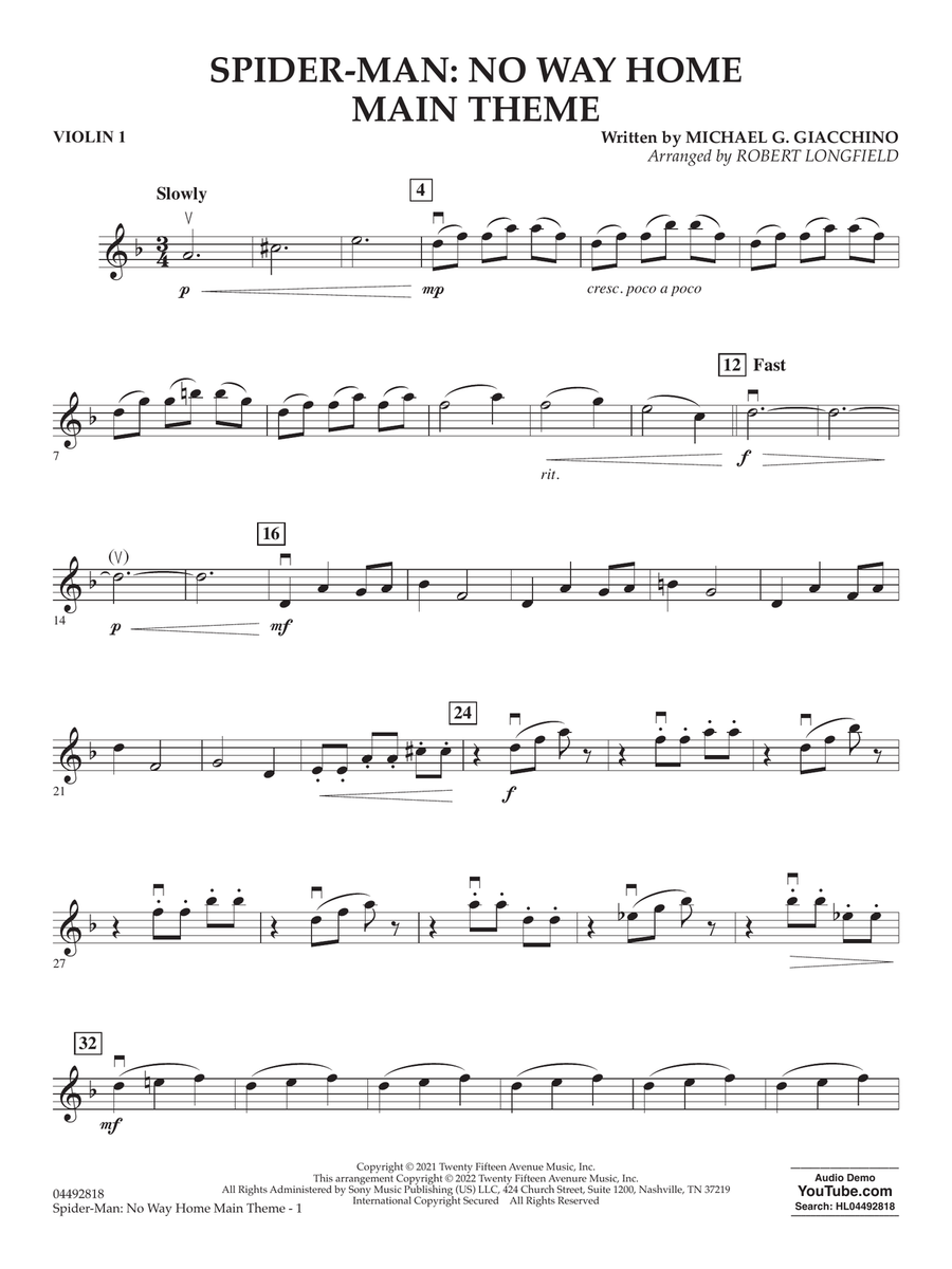 Spider-Man: No Way Home Main Theme (arr. Robert Longfield) - Violin 1 Orchestra scores gallery preview page 1