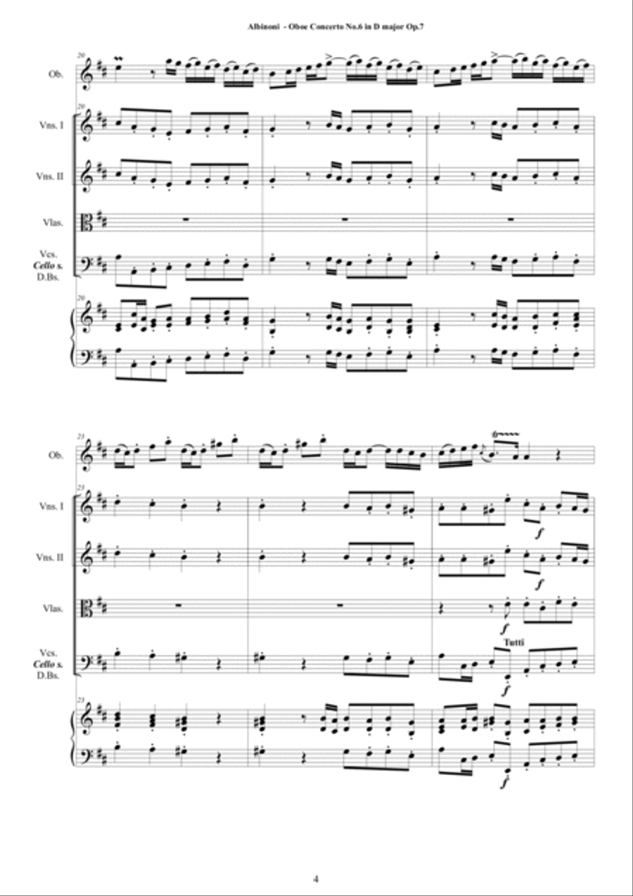Albinoni - Oboe Concerto No.6 in D major Op.7 for Oboe, Strings and Cembalo Chamber Orchestra scores gallery preview page 4