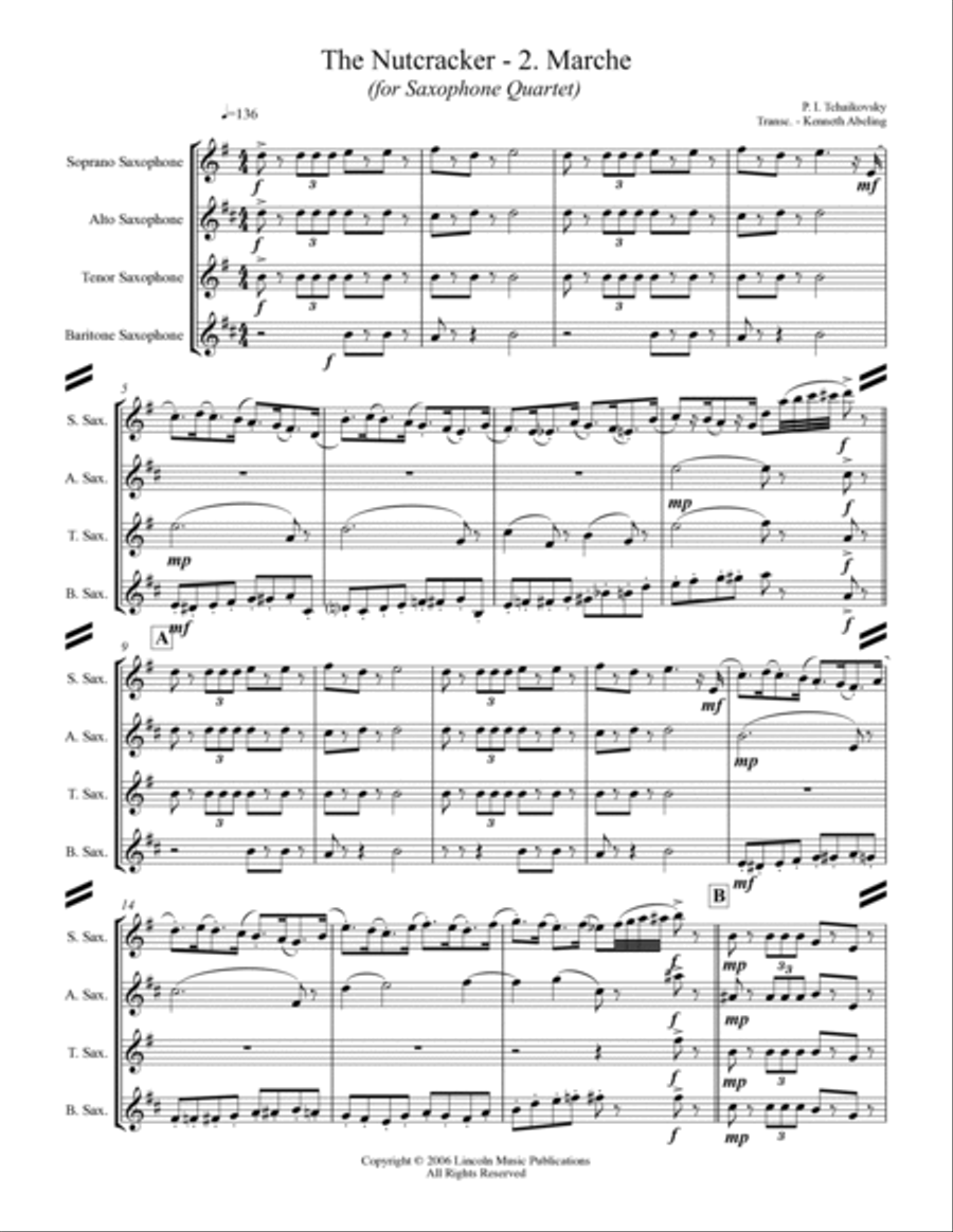 The Nutcracker Suite - 2. Marche (for Saxophone Quartet SATB) Saxophone Quartet scores gallery preview page 2
