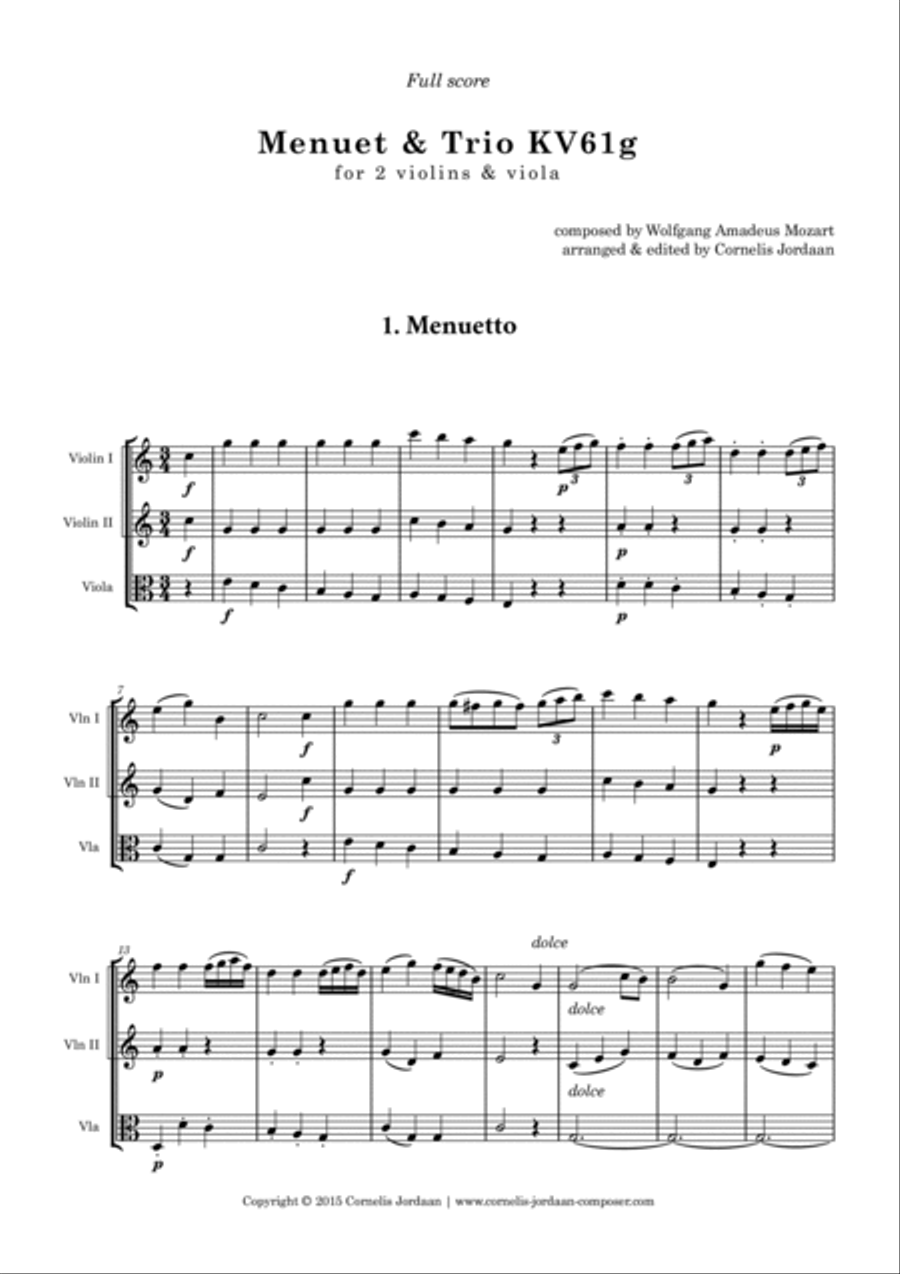 Mozart Minuet & Trio KV61g, for 2 violins & viola Small Ensemble scores gallery preview page 2
