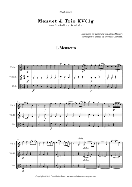 Mozart Minuet & Trio KV61g, for 2 violins & viola