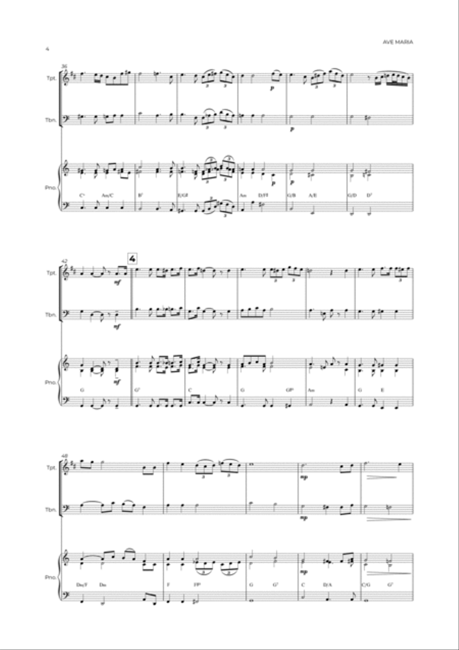AVE MARIA - SCHUBERT - BRASS PIANO TRIO (TRUMPET, TROMBONE & PIANO) Brass Duet scores gallery preview page 4