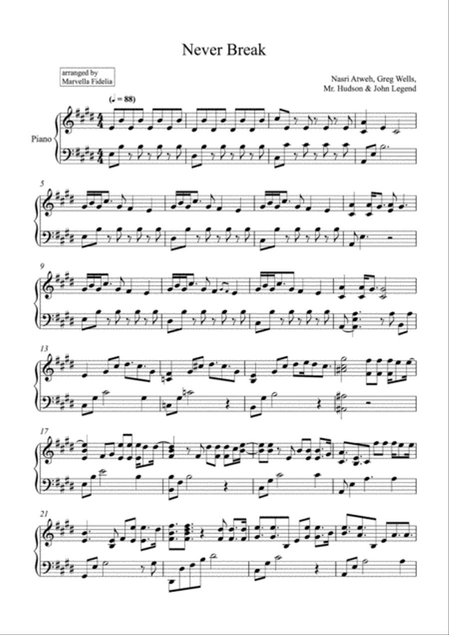 Never Break Piano Solo scores gallery preview page 1