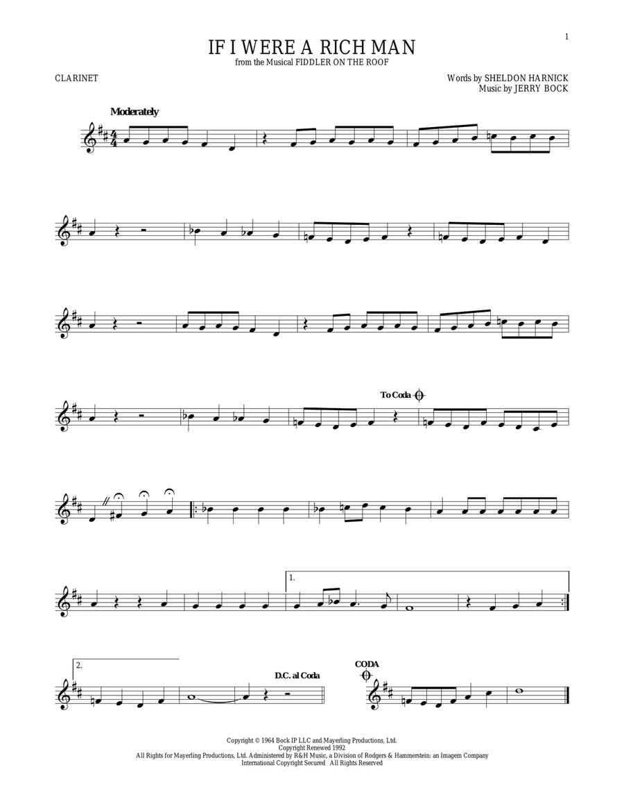 If I Were A Rich Man (from Fiddler On The Roof) Clarinet Solo scores gallery preview page 1