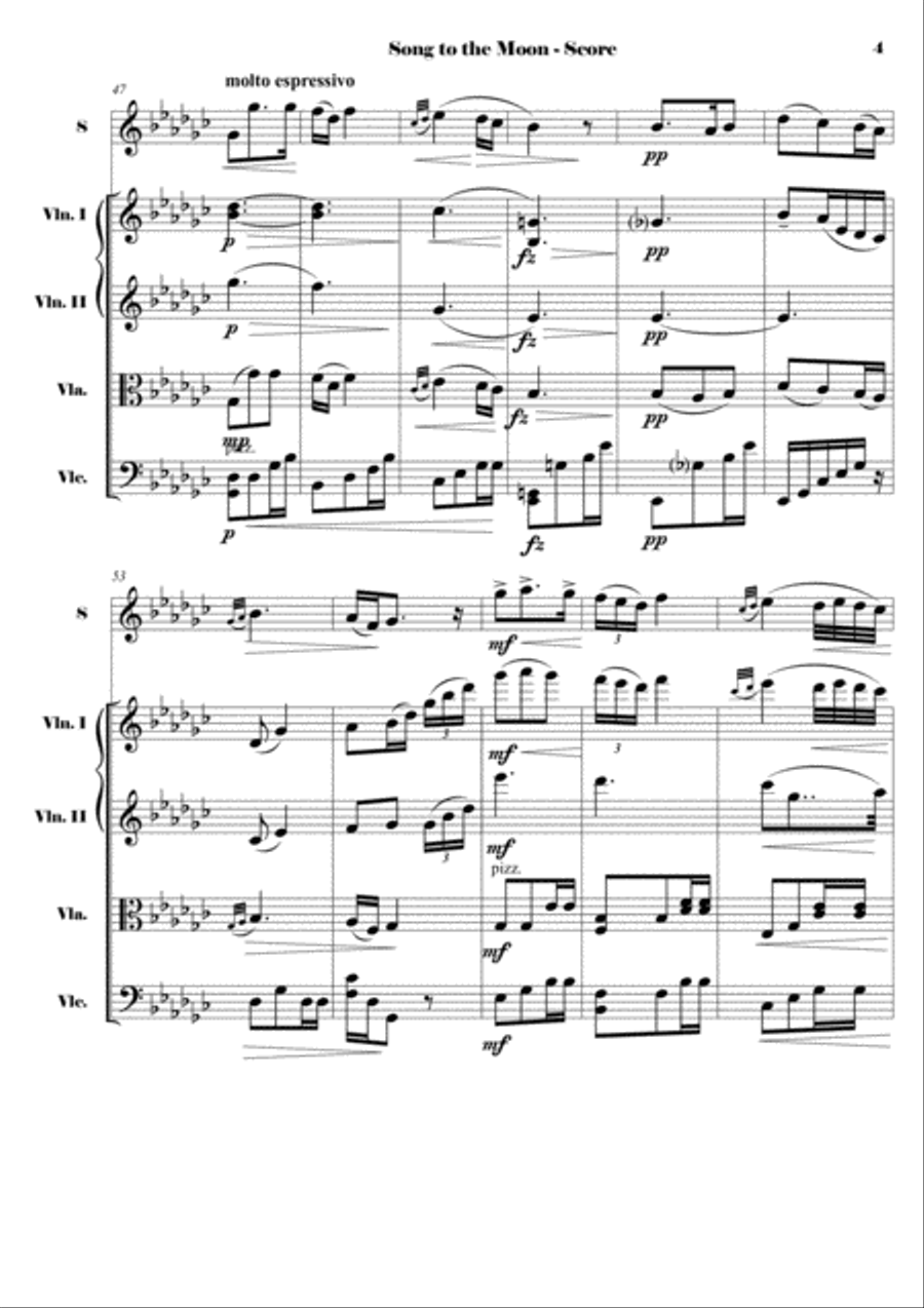 Dvorak - Song to the Moon from Rusalka, Op. 114 - Reduction for Soprano and String Quartet (SCORE) Small Ensemble scores gallery preview page 5