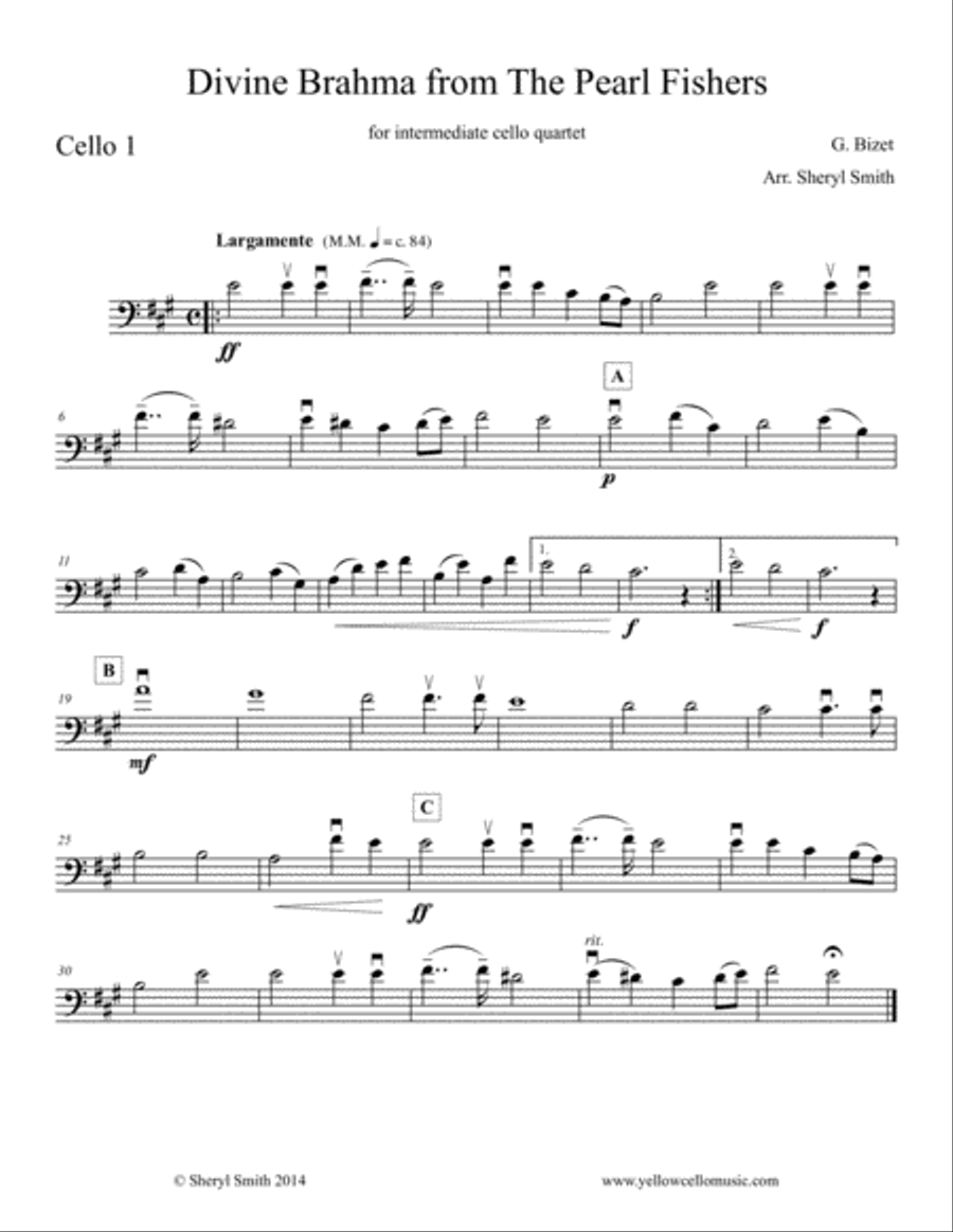 Divine Brahma, from Bizet's opera The Pearl Fishers, arranged for intermediate cello quartet Cello scores gallery preview page 3