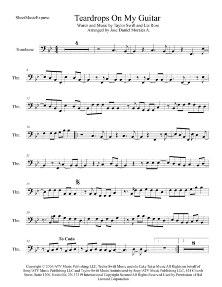 Teardrops On My Guitar Trombone Solo scores gallery preview page 1