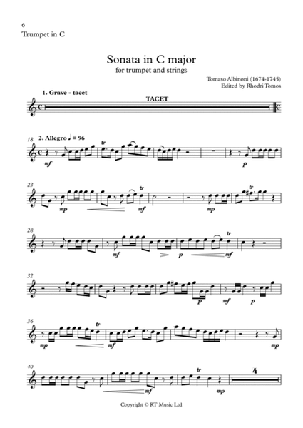 Albinoni Sonata in C major for trumpet and strings. Trumpet solo parts.