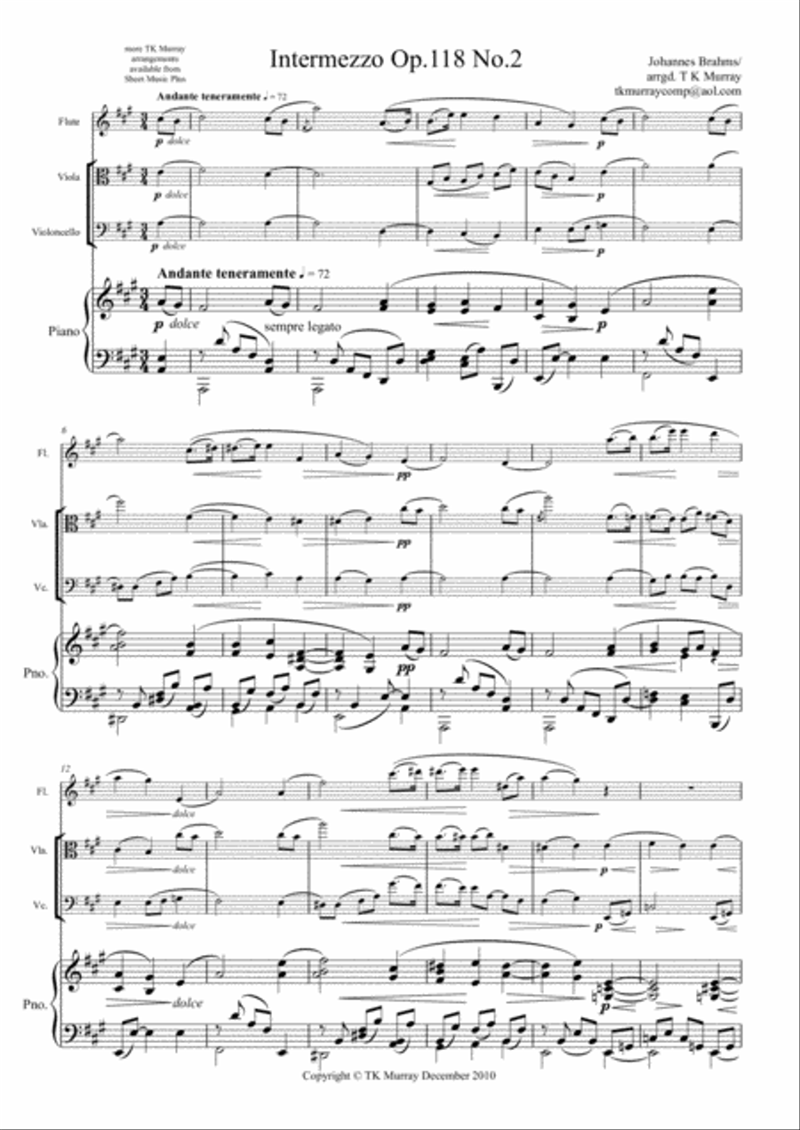 Brahms - Intermezzo Op.118 No.2 - Flute, Viola, Cello & Piano Flute scores gallery preview page 1
