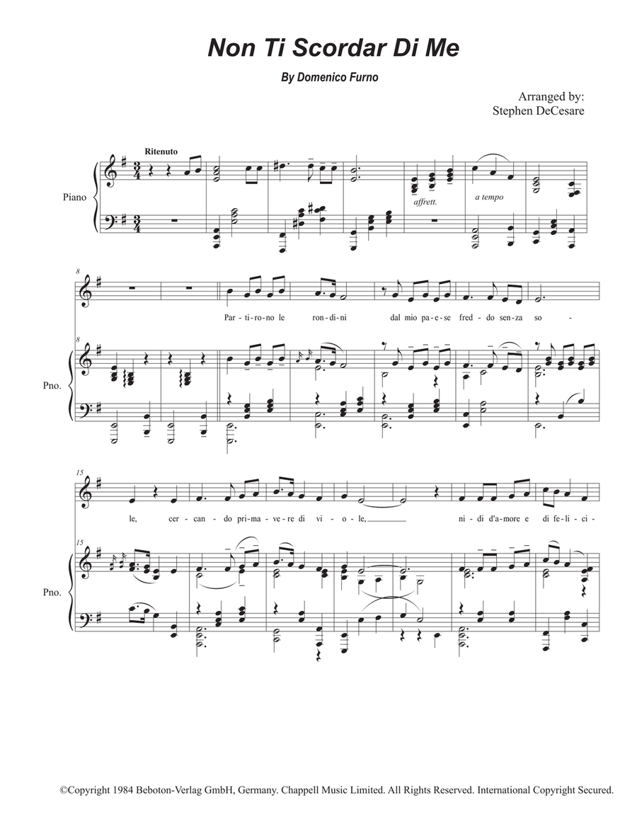 Non Ti Scordar Di Me Piano, Vocal scores gallery preview page 1