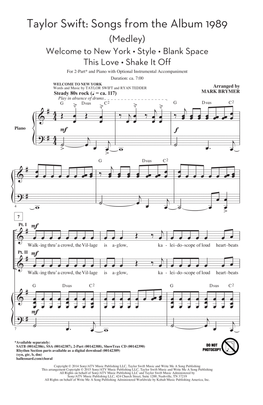 Taylor Swift: Songs from the Album 1989 (Medley) (arr. Mark Brymer)