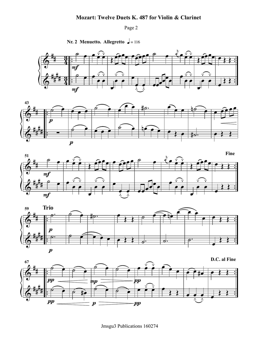 Mozart: Twelve Duets K. 487 for Violin & Clarinet Clarinet scores gallery preview page 2