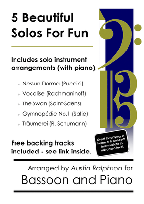 Book cover for 5 Beautiful Bassoon Solos for Fun - with FREE BACKING TRACKS and piano accompaniment to play along