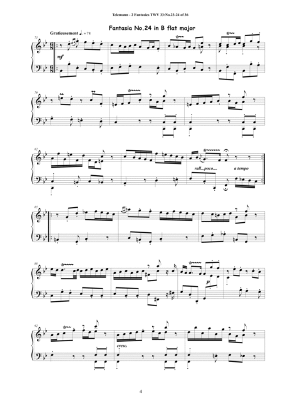 Telemann - 2 Fantasies in (G minor, B flat major) TWV 33 No.23-24 of 36 for Piano Piano Solo scores gallery preview page 4