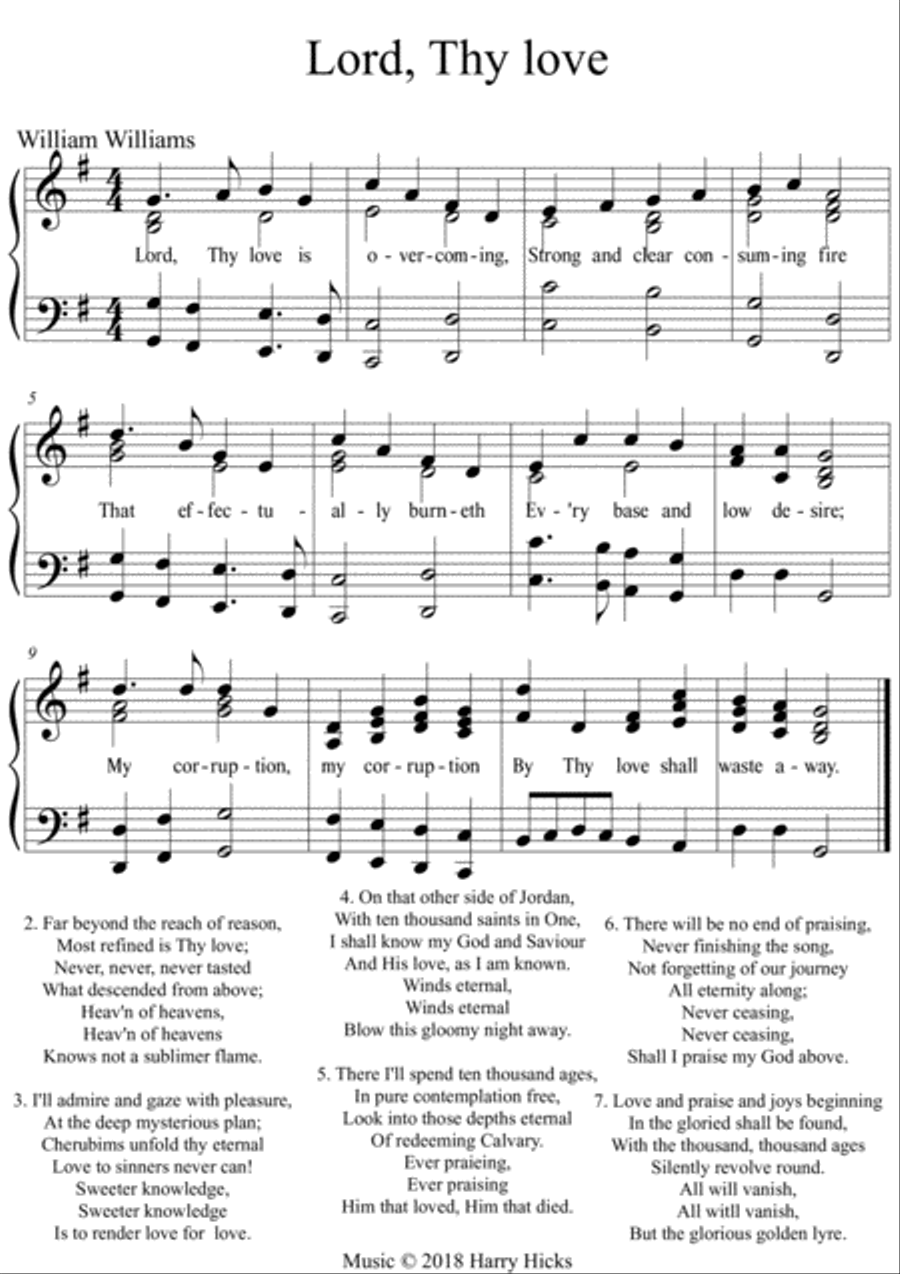 Lord, Thy love. A new tune to this wonderful William Williams hymn. Unison Choir scores gallery preview page 1
