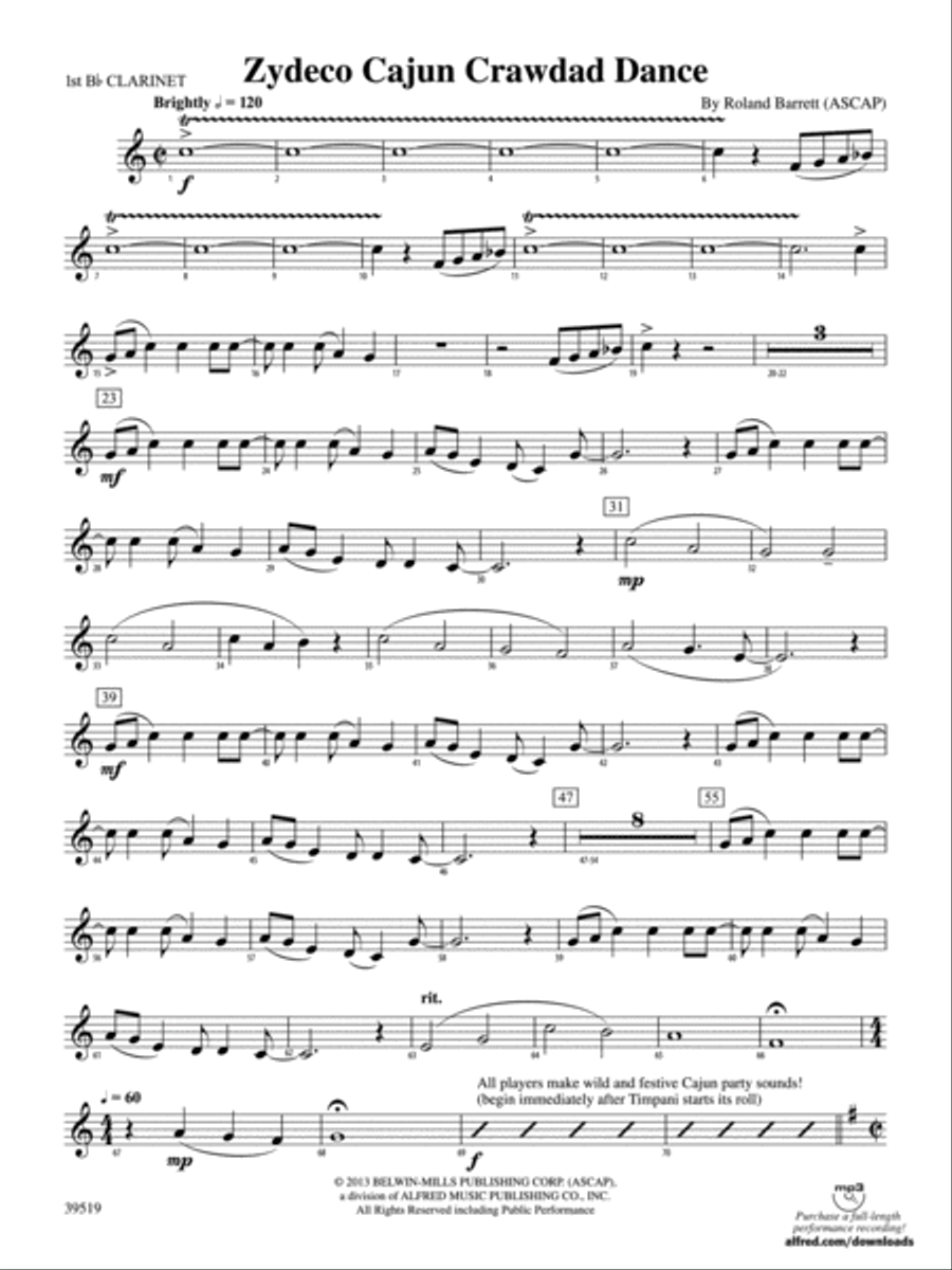 Zydeco Cajun Crawdad Dance: 1st B-flat Clarinet Concert Band scores gallery preview page 1
