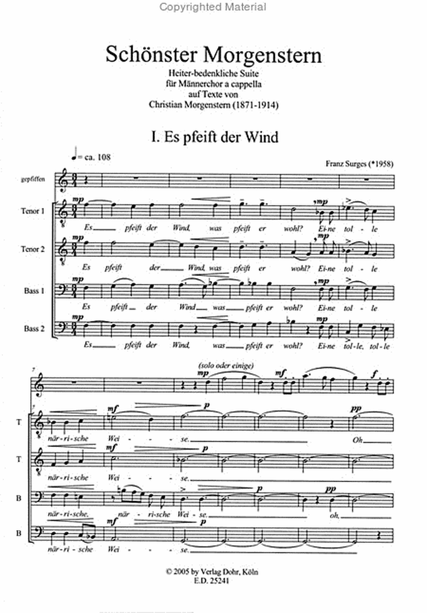 Schönster Morgenstern -Heiter-bedenkliche Suite für Männerchor a cap. auf Texte von Christian Morgenstern-