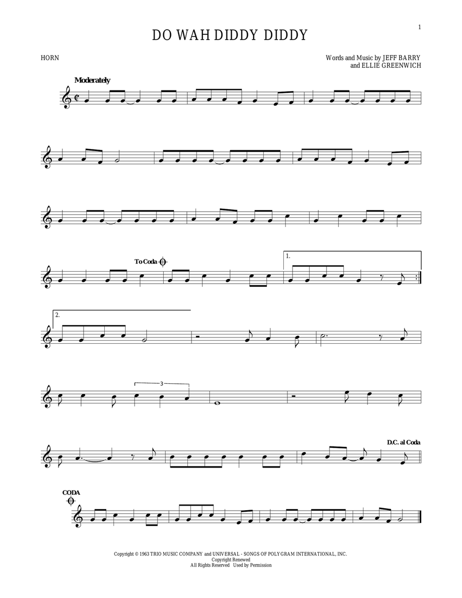 Do Wah Diddy Diddy Do Wah Diddy Diddy Horn Solo scores gallery preview page 1