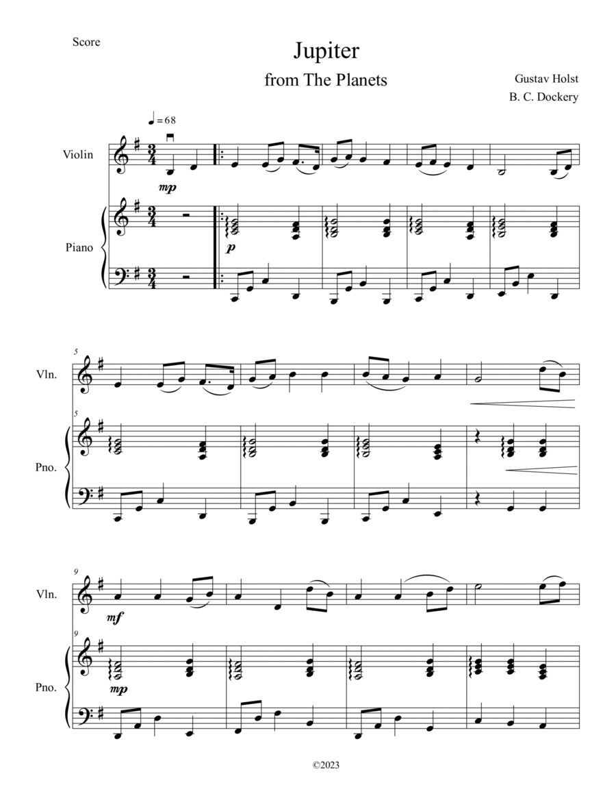 Jupiter (from The Planets) for Violin Solo with Piano Accompaniment Violin Solo scores gallery preview page 1