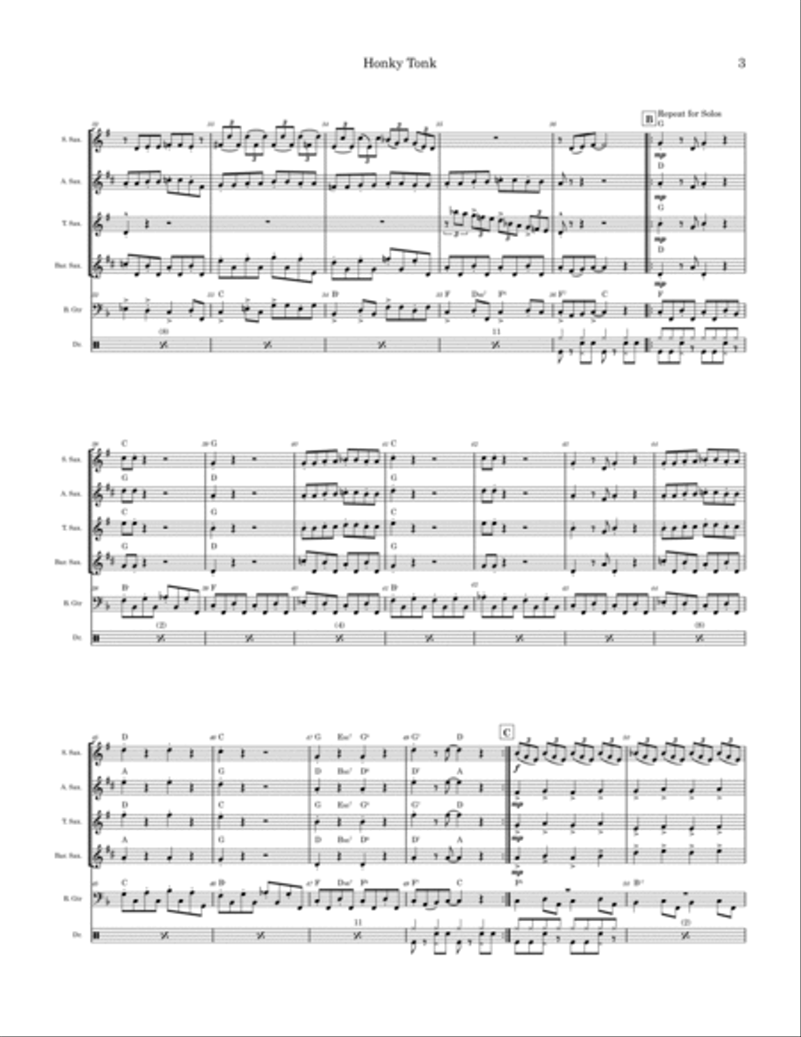 Honky Tonk (parts 1 & 2) Saxophone Quartet scores gallery preview page 3