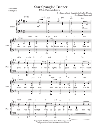 Star Spangled Banner (Key of G - Solo Piano w Lyrics)