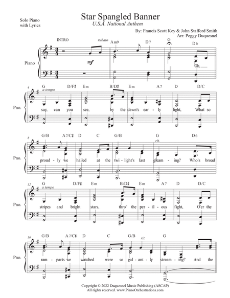 Star Spangled Banner (Key of G - Solo Piano w Lyrics) image number null