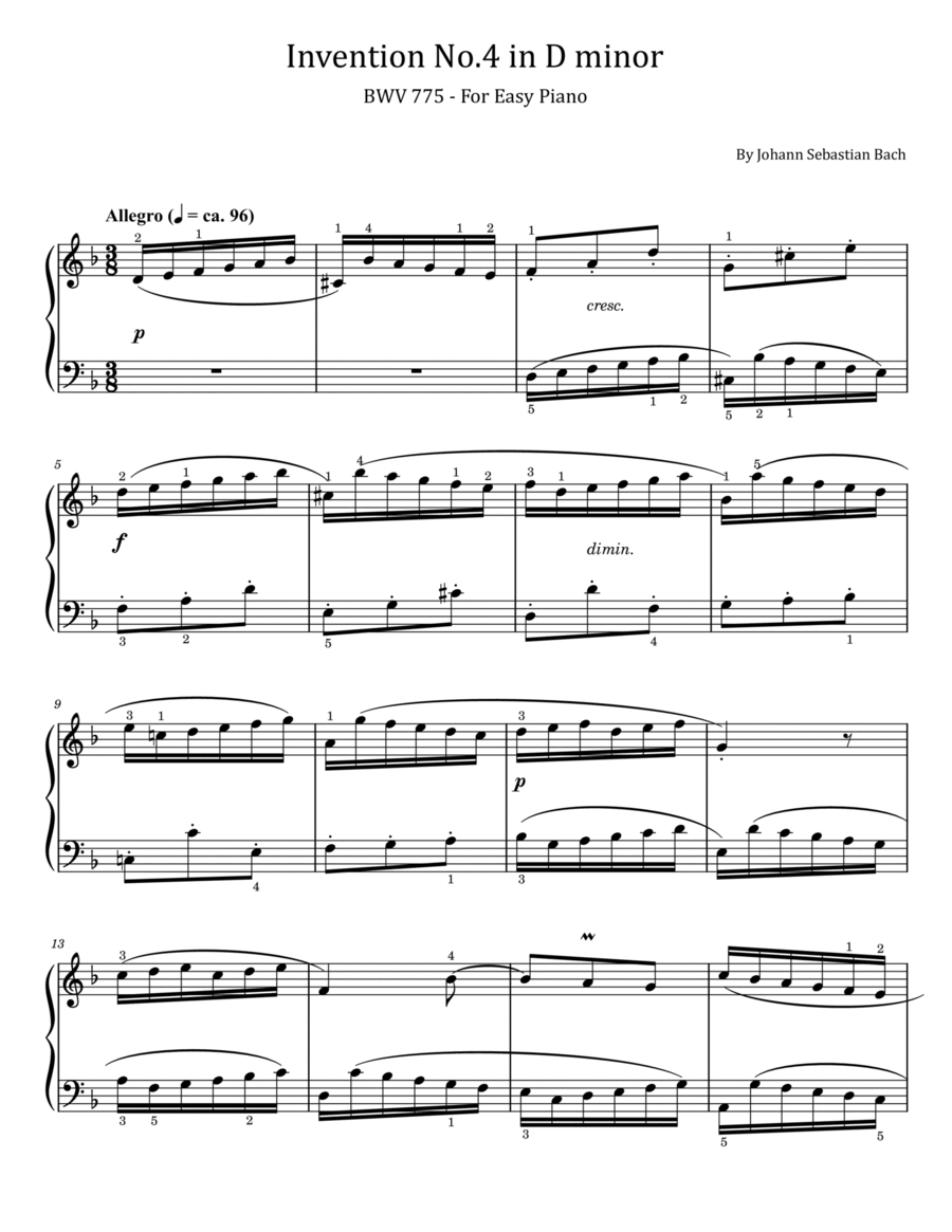 J S Bach - Invention No.4 in D minor - BWV 775 - For Easy Piano - With Finger Easy Piano scores gallery preview page 1