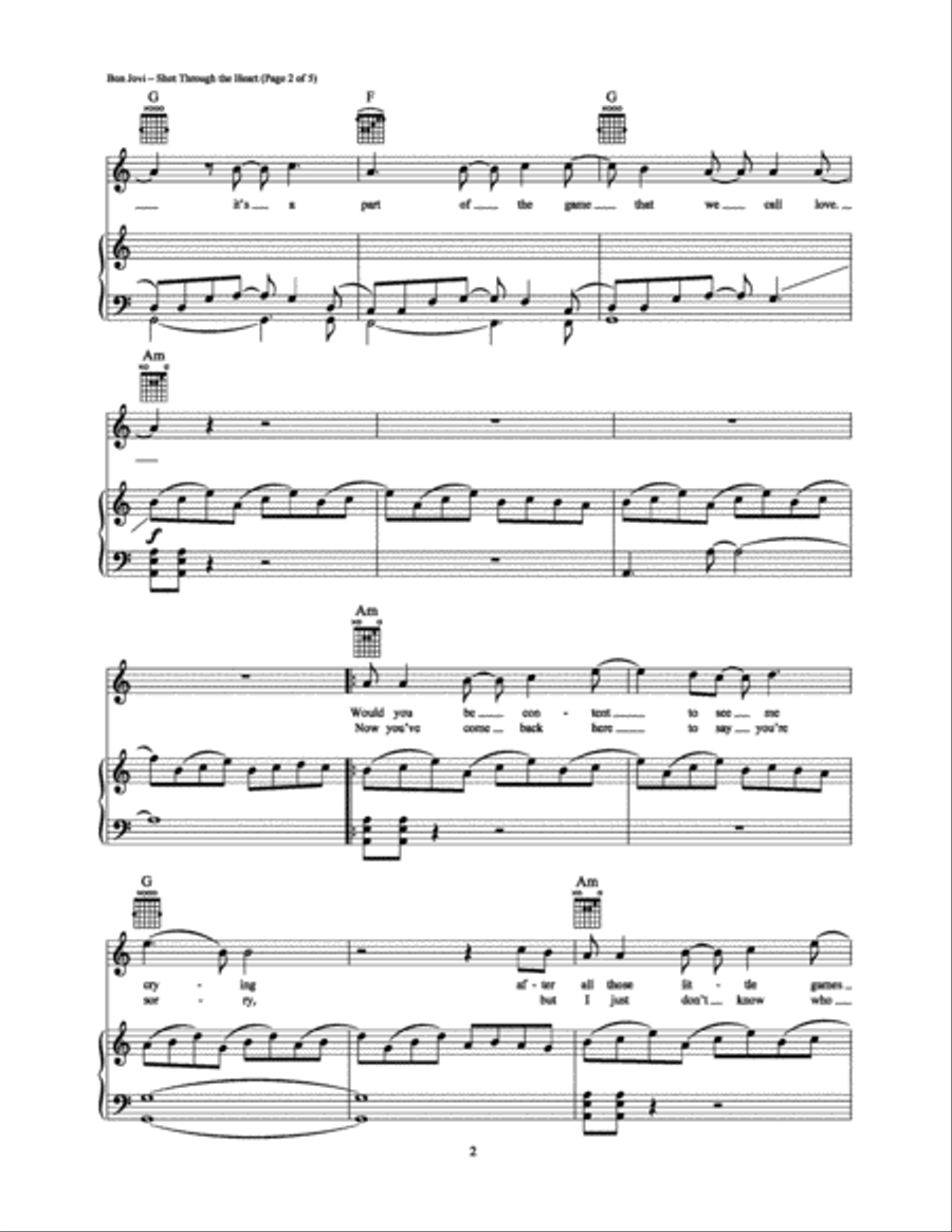 Shot Through the Heart Piano, Vocal, Guitar scores gallery preview page 2