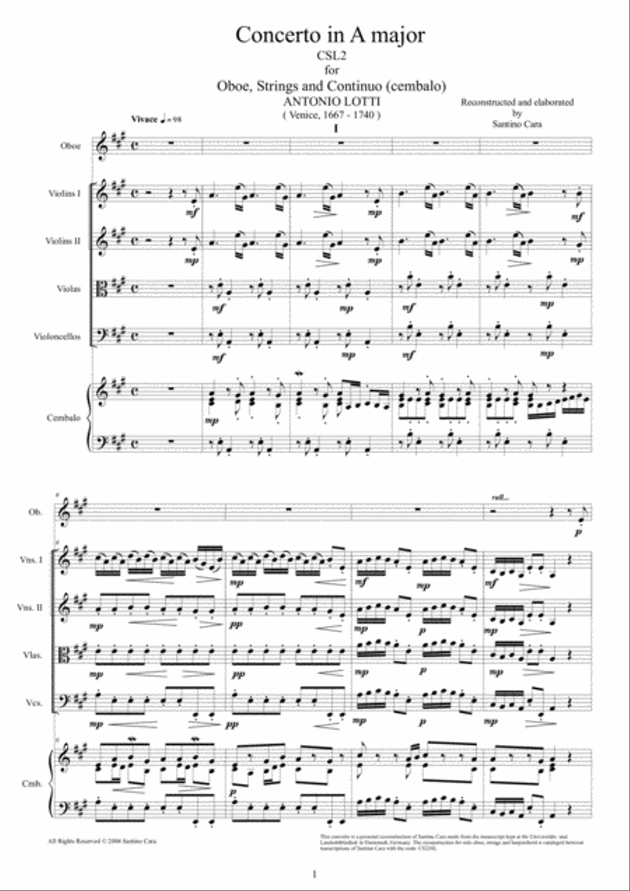 Lotti A - Concerto in A major CSL2 for Oboe, Strings and Continuo Chamber Orchestra scores gallery preview page 1