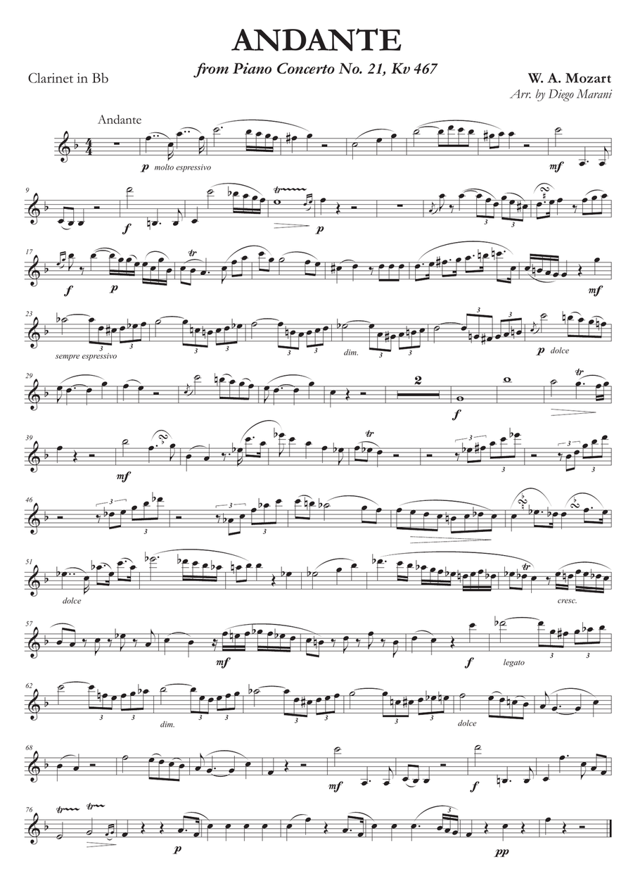 Andante from Concerto No. 21 for Clarinet and Piano Clarinet Solo scores gallery preview page 1