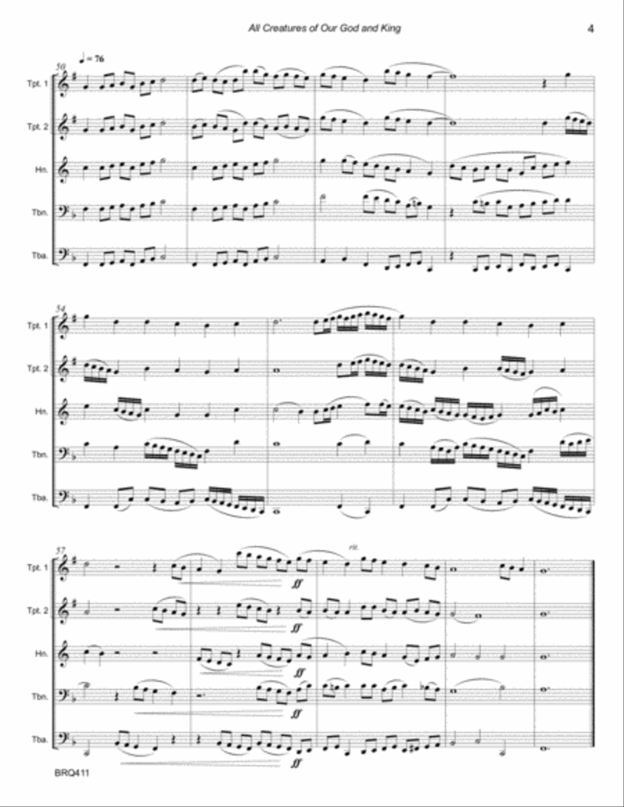 ALL CREATURES OF OUR GOD AND KING - BRASS QUINTET (unaccompanied) Brass Quintet scores gallery preview page 4