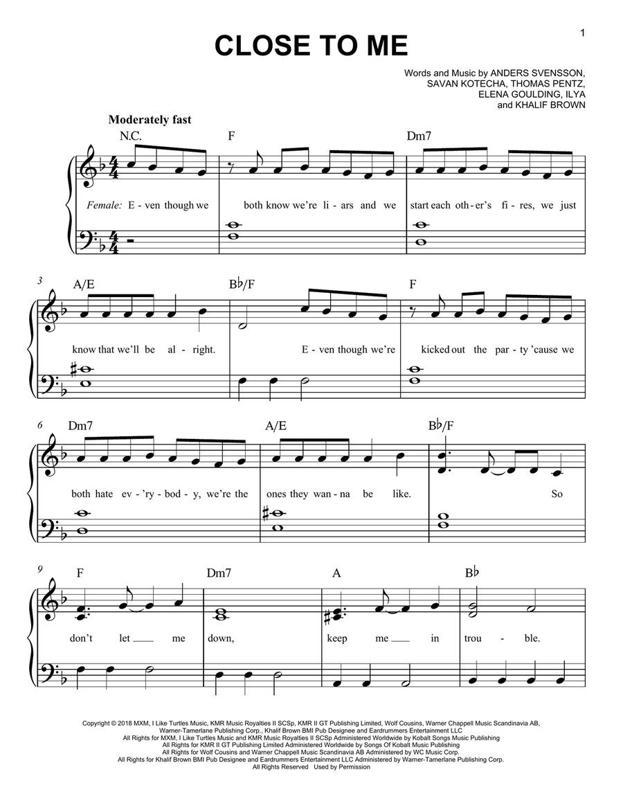 Close To Me Easy Piano scores gallery preview page 1