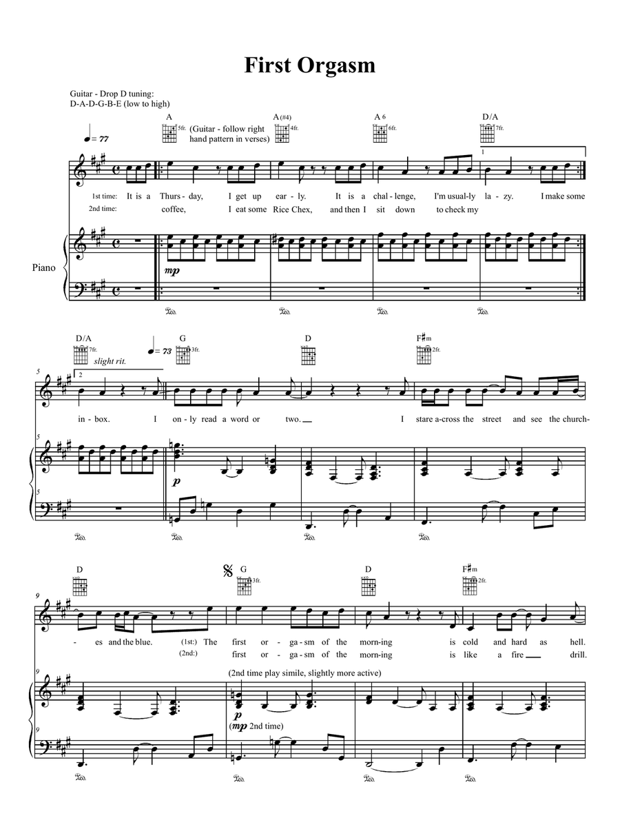First Orgasm First Orgasm Piano, Vocal, Guitar scores gallery preview page 1