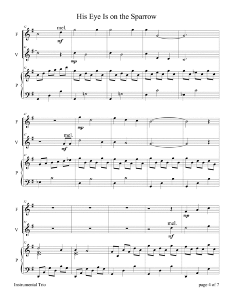 His Eye Is on the Sparrow (for Flute and Violin Duet with Piano accompaniment) Flute scores gallery preview page 6