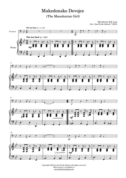 Makedonsko Devojce (The Macedonian Girl) - Eastern European folk song (arr. for trombone and piano) image number null