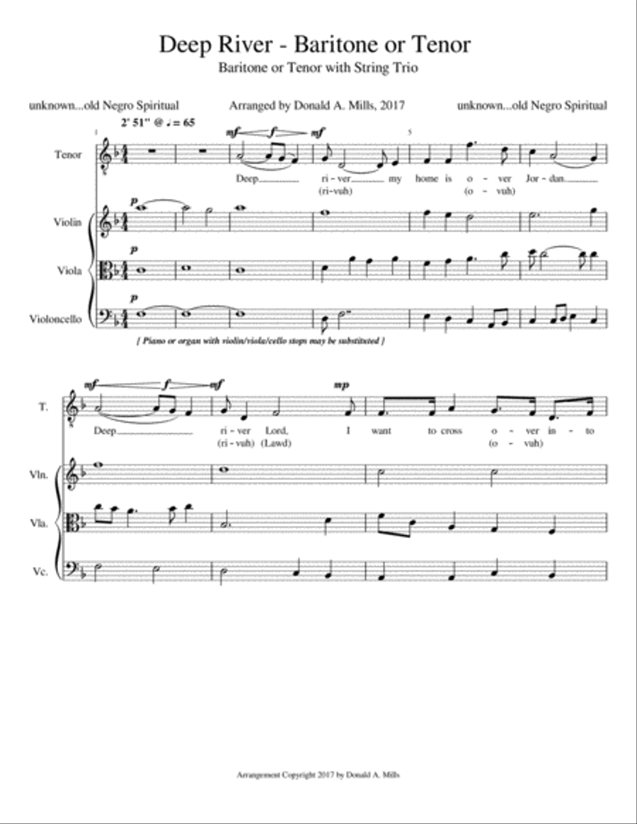 Deep River - Baritone or Tenor solo, string trio Cello scores gallery preview page 1