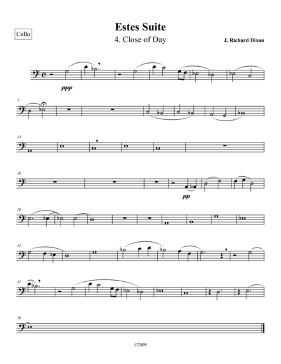 Close of Day, from Estes Suite-Cello Cello Solo scores gallery preview page 1