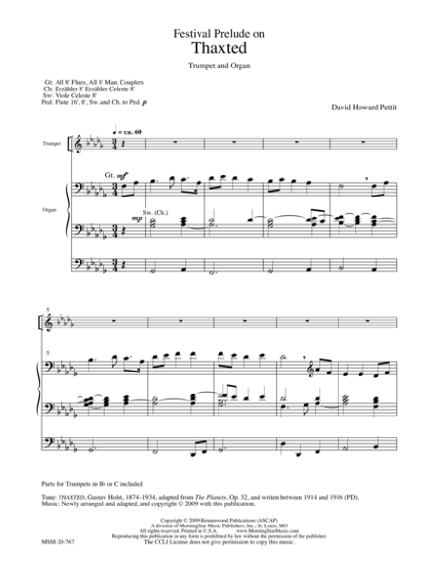 Festival Prelude on Thaxted for Trumpet and Organ (Downloadable) by Gustav Holst Flugelhorn - Digital Sheet Music