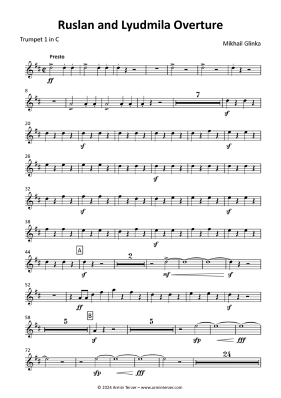 Ruslan and Lyudmila Overture - transposed trumpet parts (1-2) Trumpet Solo scores gallery preview page 4