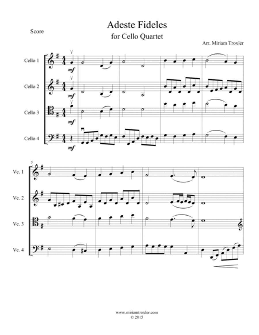 Adeste Fideles for Cello Quartet Cello scores gallery preview page 2