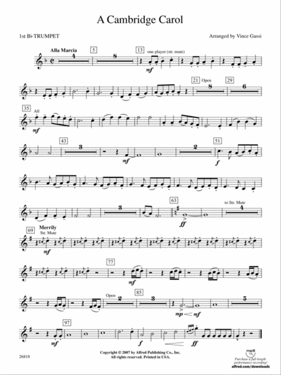 A Cambridge Carol: 1st B-flat Trumpet Concert Band scores gallery preview page 1