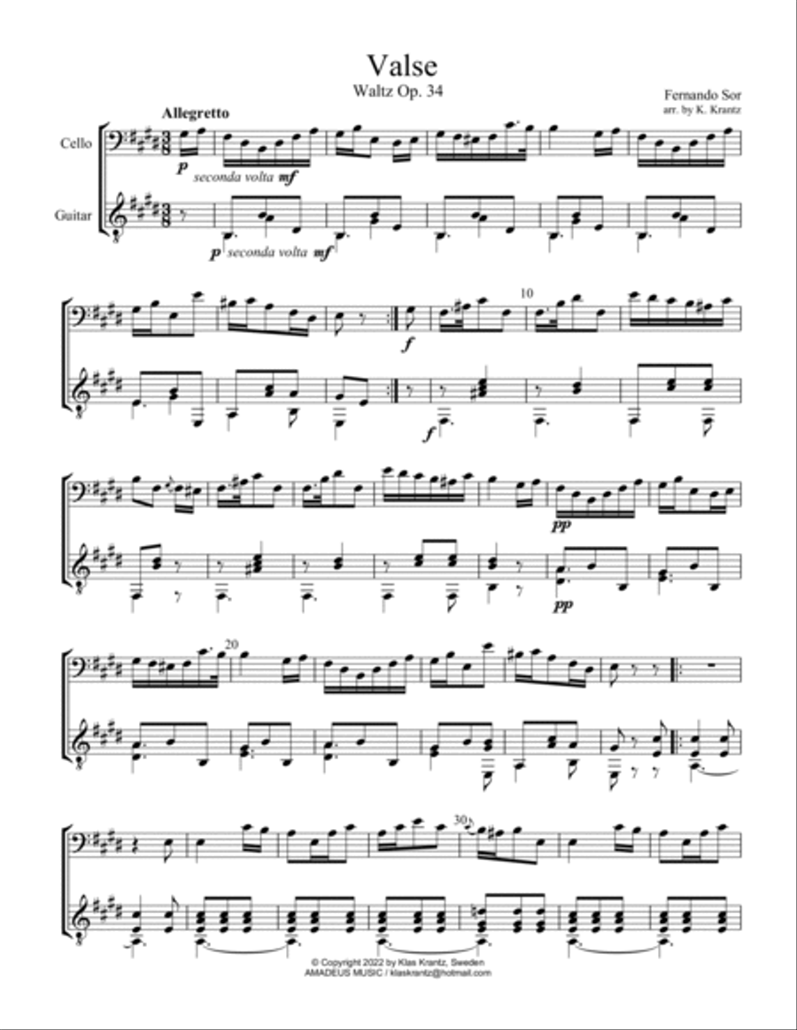 Valse / Waltz Op. 34 for cello and guitar String Duet scores gallery preview page 2