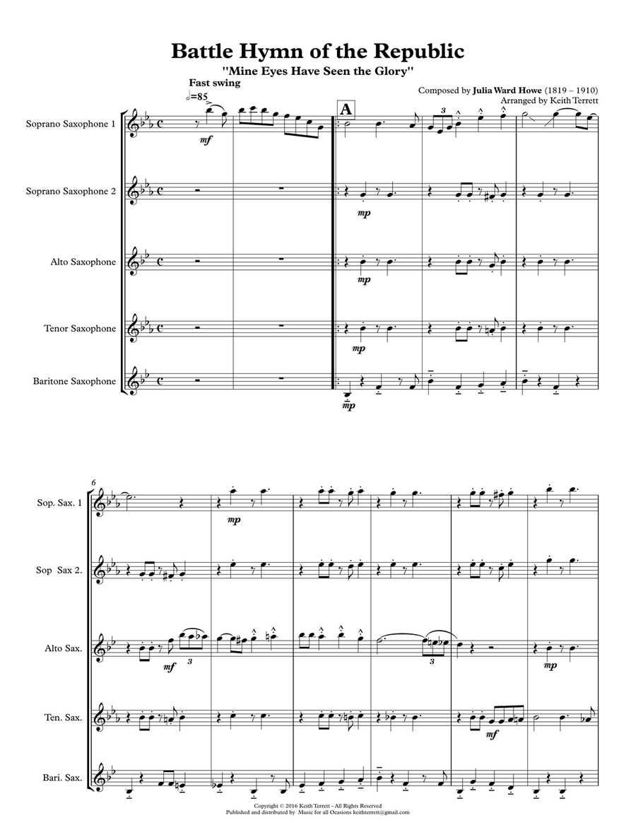 Battle Hymn of the Republic for Saxophone Quintet Saxophone Quintet scores gallery preview page 2