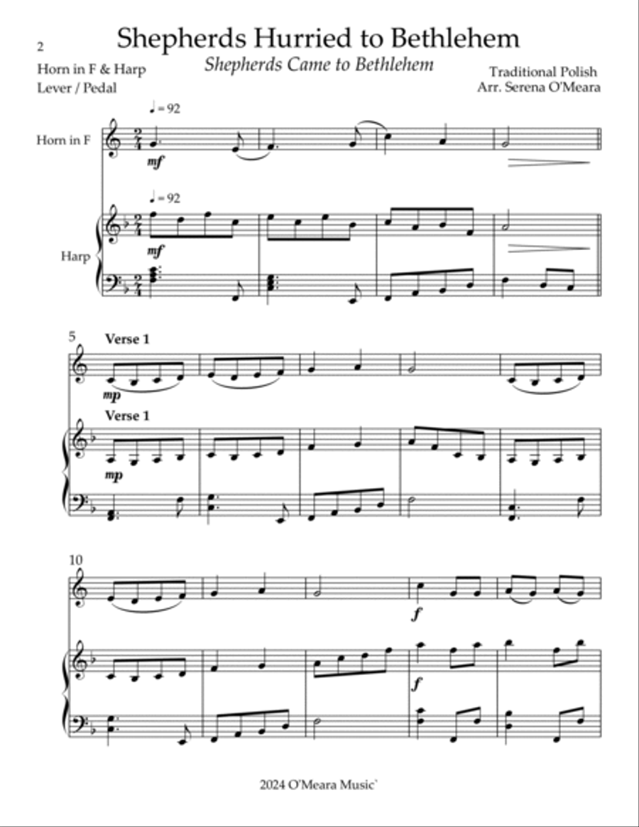 Shepherds Hurried to Bethlehem, Duet for Horn in F & Harp