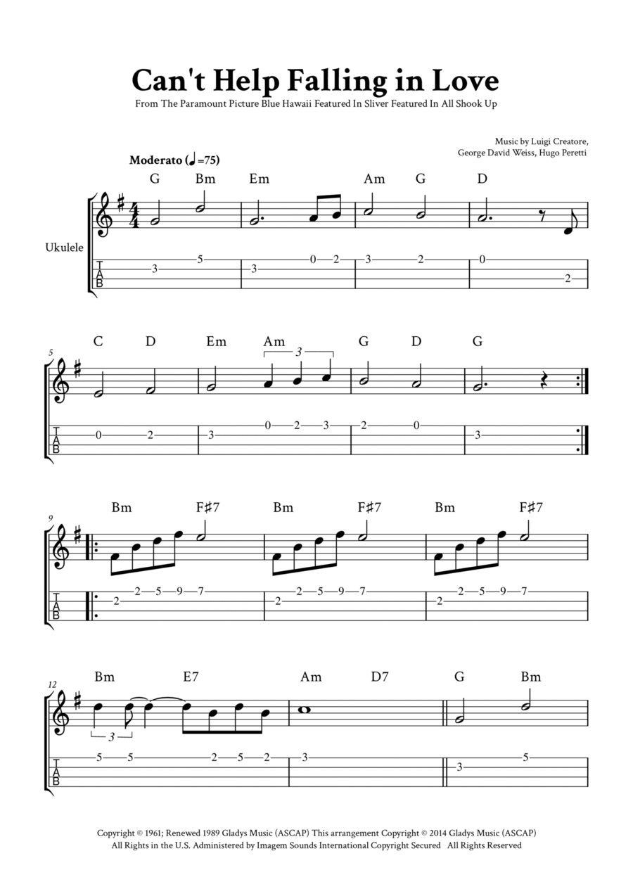 Can't Help Falling In Love Ukulele scores gallery preview page 1