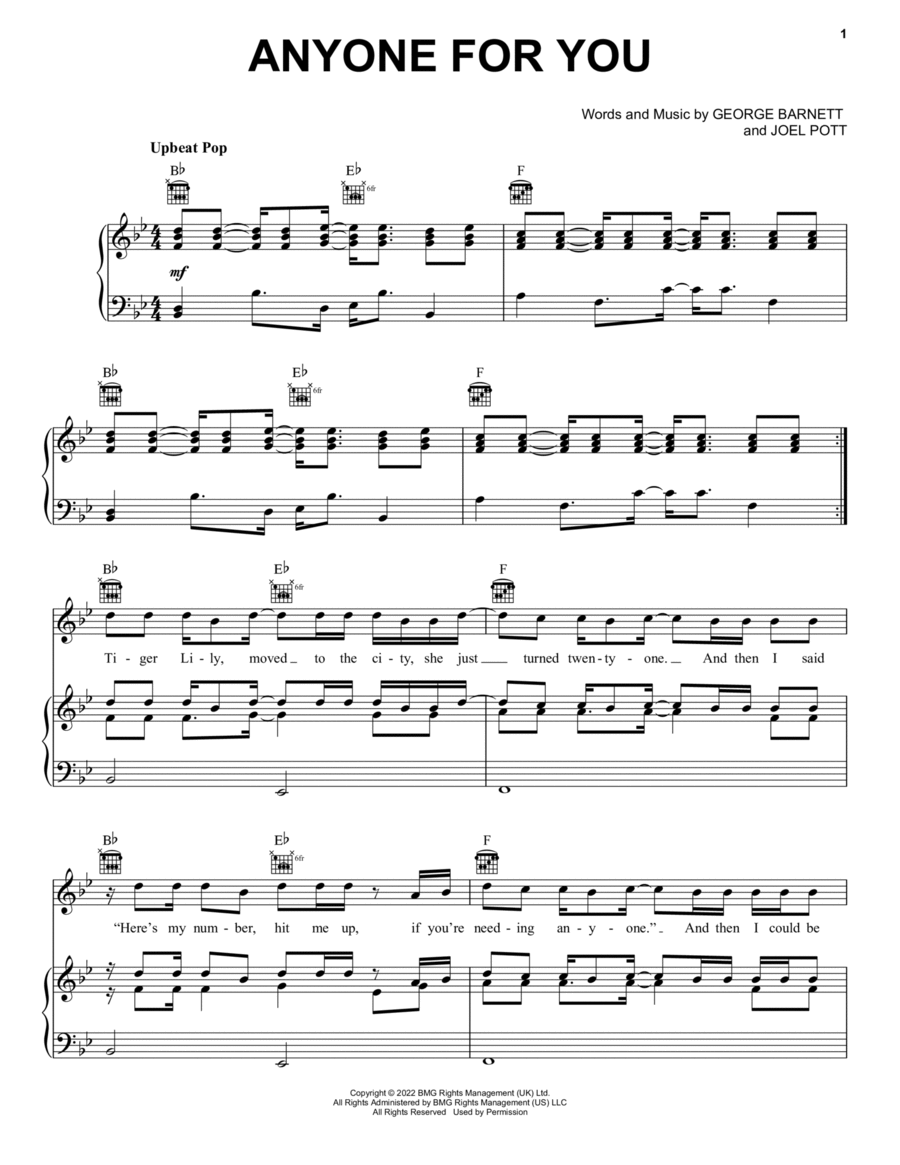 Anyone For You (Tiger Lily) Piano, Vocal, Guitar scores gallery preview page 1
