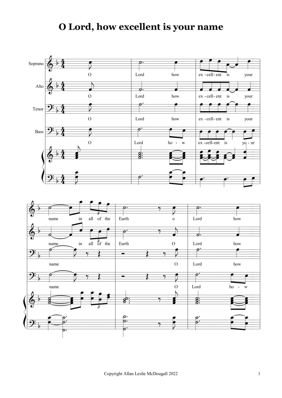 O Lord, how excellent is your name 4-Part scores gallery preview page 1